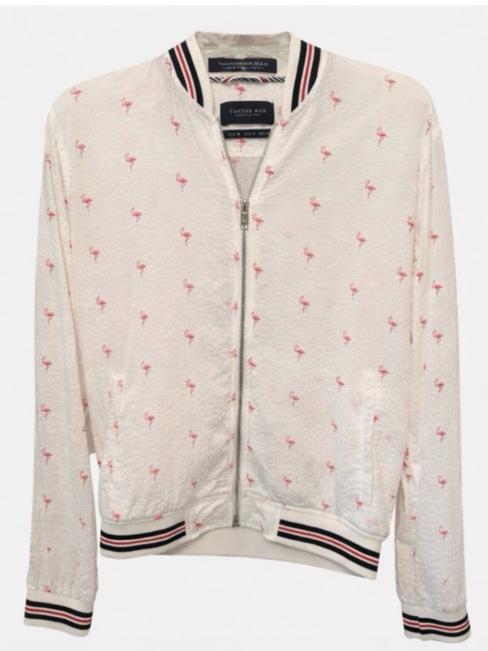 Cactus Man Ricky Singh Lightweight Flamingo Zip White Bomber Jacket Men Size M